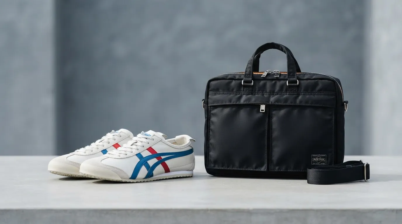 Onitsuka Tiger Mexico 66 sneakers beside a black Porter briefcase