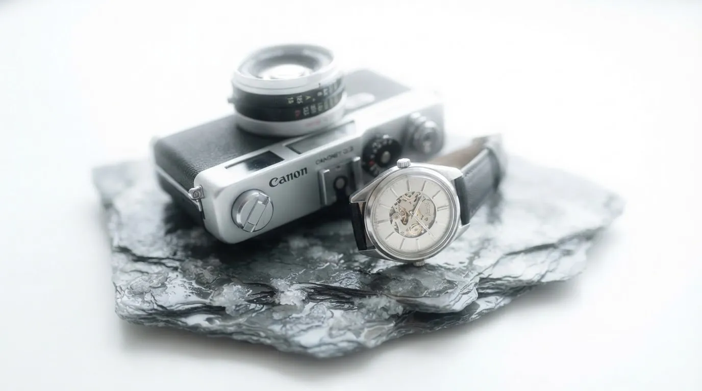 Canon Canonet QL17 film camera and a vintage watch on slate