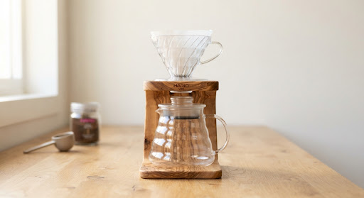 Hario V60 Olive Wood Stand & Glass Dripper Set